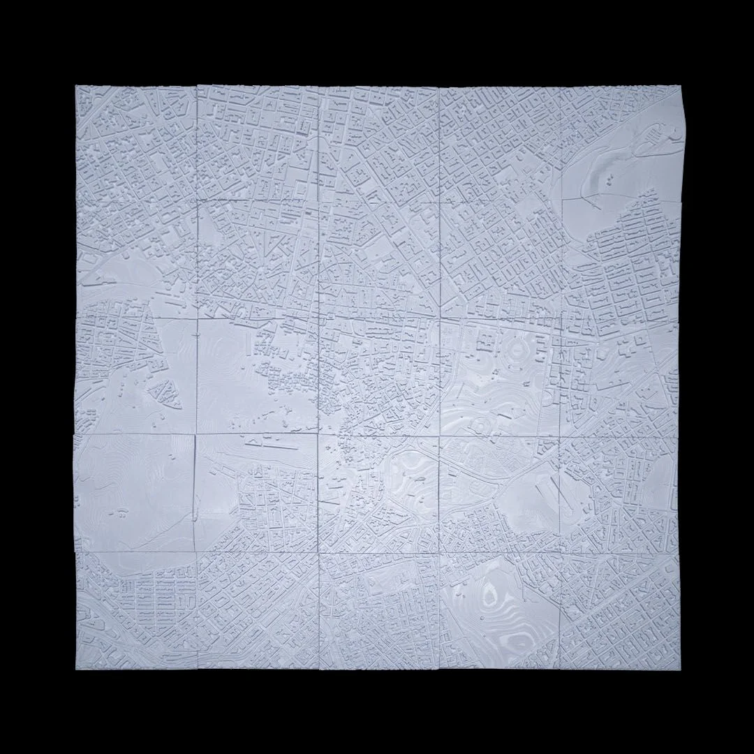Full view of an Athens city relief map assembled from square panels.