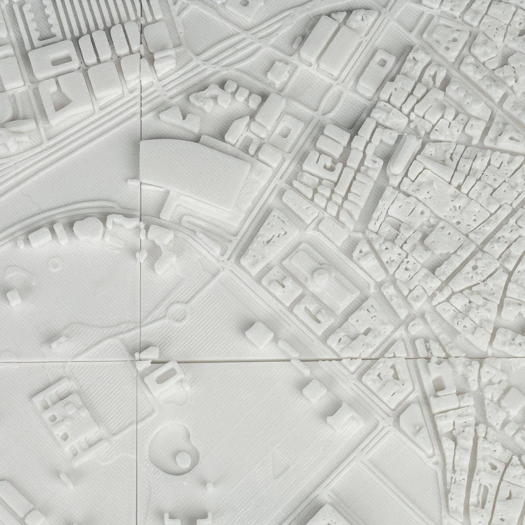 Waterfront detail of a Barcelona city relief map.