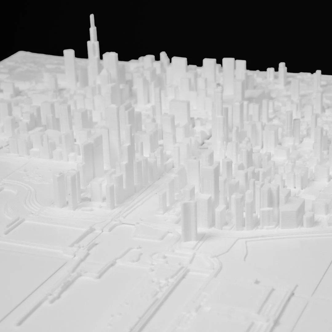 Angled view of raised towers in a Chicago city relief map.