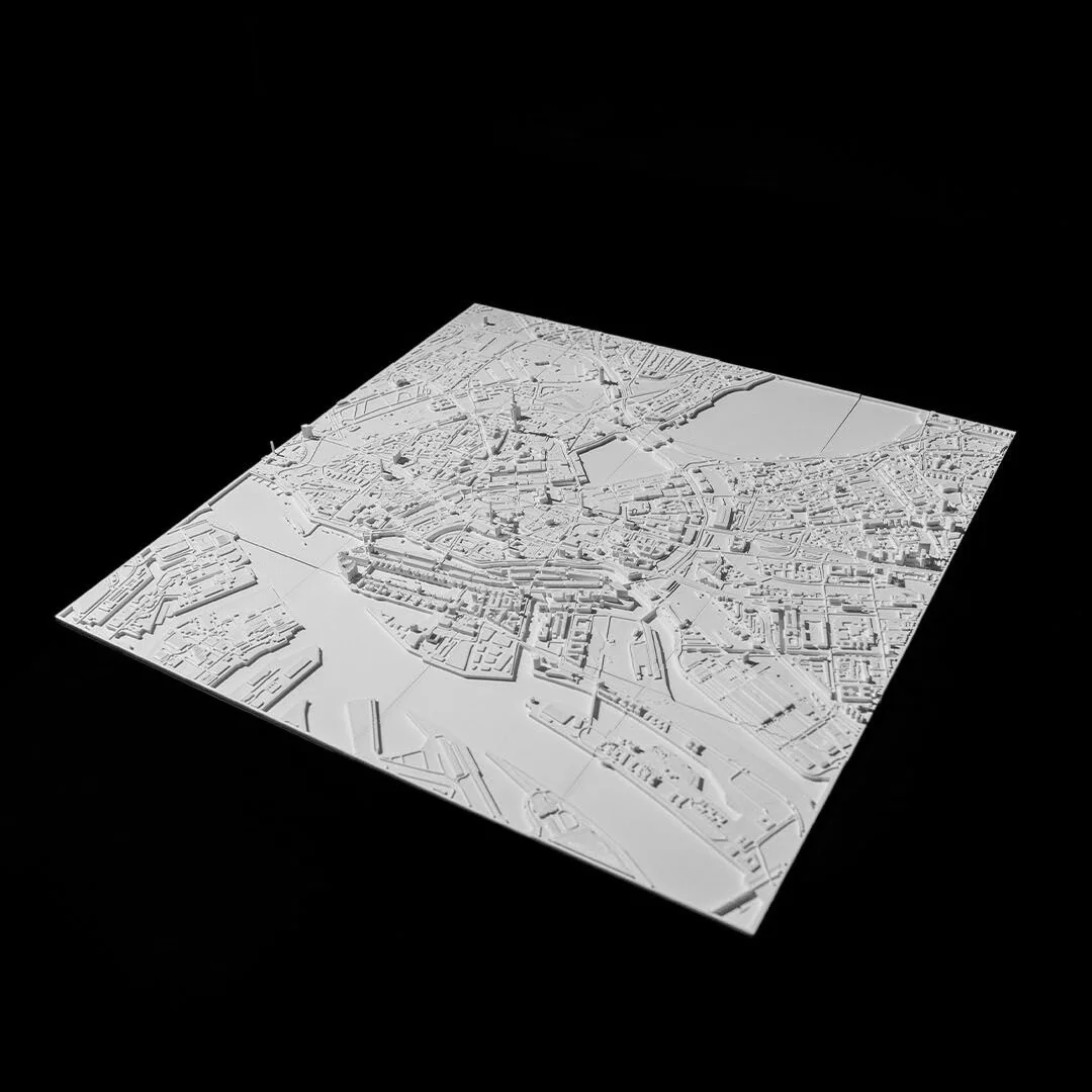 Full angled view of a Hamburg city relief map assembled from square panels.