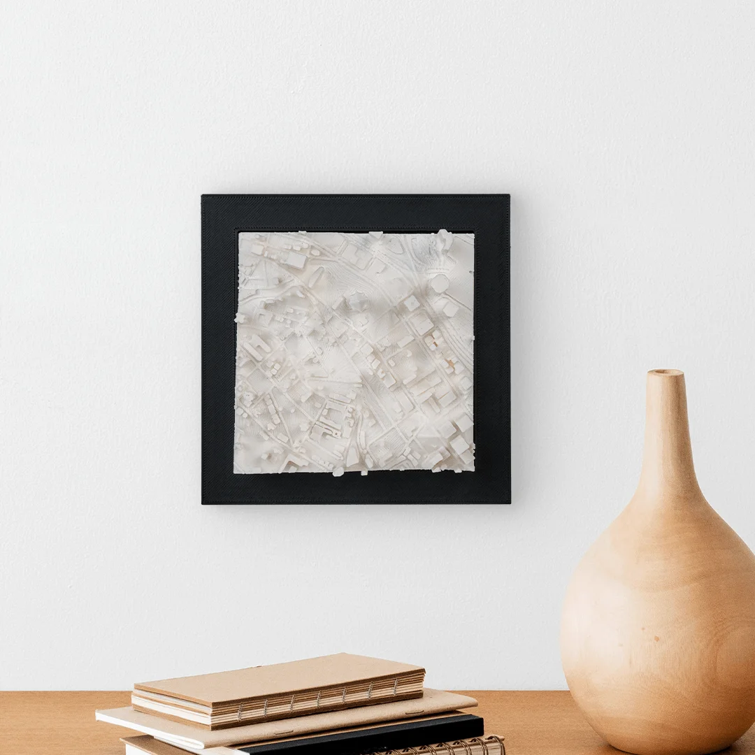 Framed Hong Kong city relief map displayed on a wall.