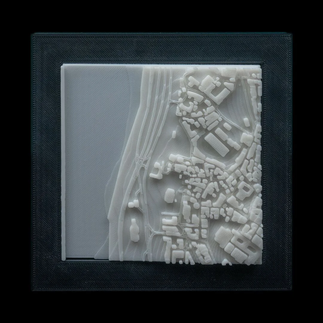 Front view of a framed Istanbul city relief map.