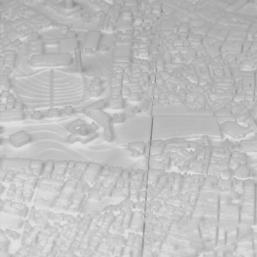 Close view of dense buildings and streets in an Istanbul city relief map.