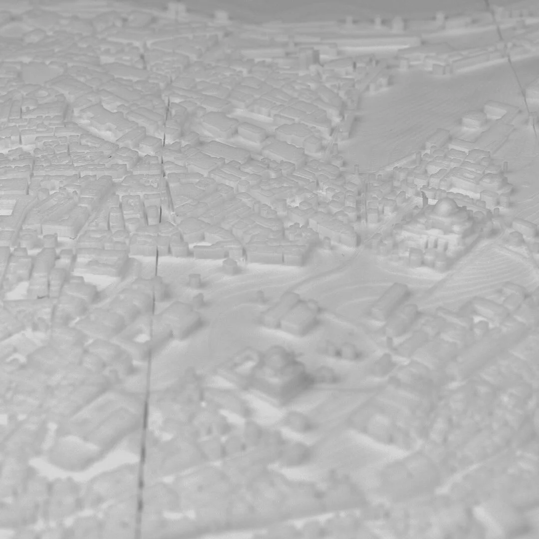Close angled view of urban blocks in an Istanbul city relief map.