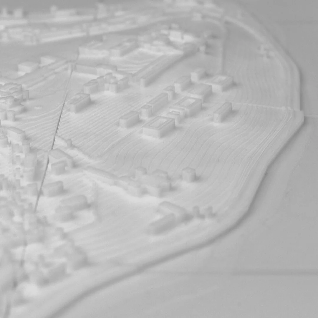 Low angled view of an Istanbul relief map showing buildings along the waterfront.