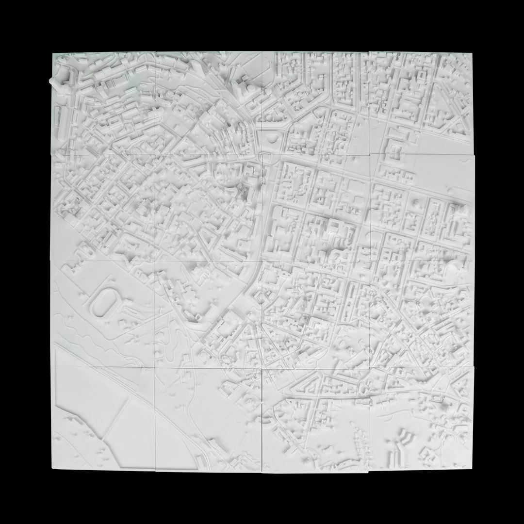 Full view of a Kyiv city relief map assembled from square panels.