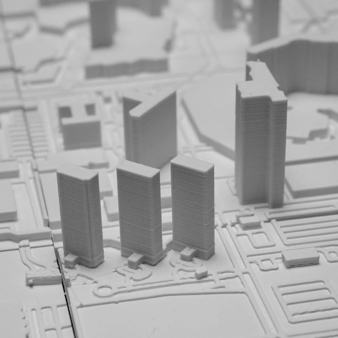 Close view of raised towers in a Las Vegas city relief map.