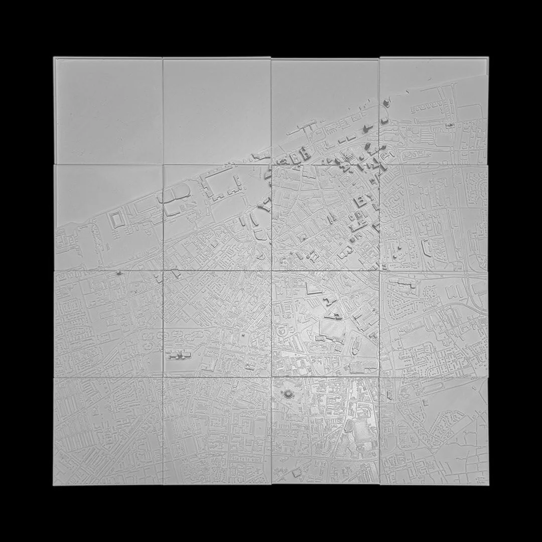 Full view of a Liverpool city relief map assembled from square panels.