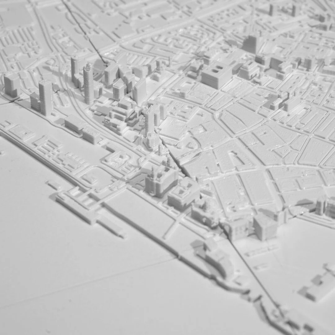 Angled waterfront view of a Liverpool city relief map.
