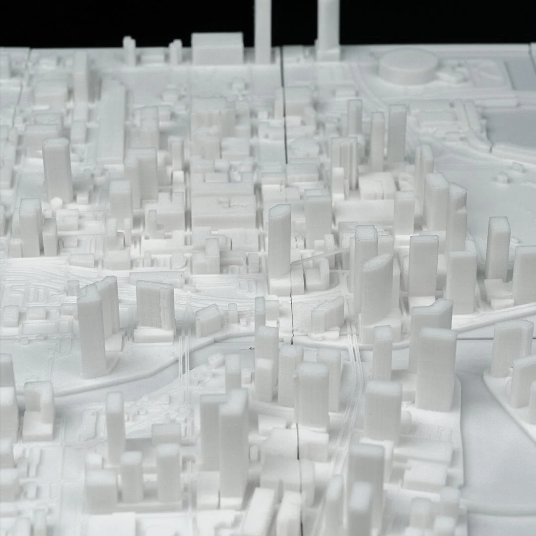 Wide angled view of raised buildings in a Miami city relief map.