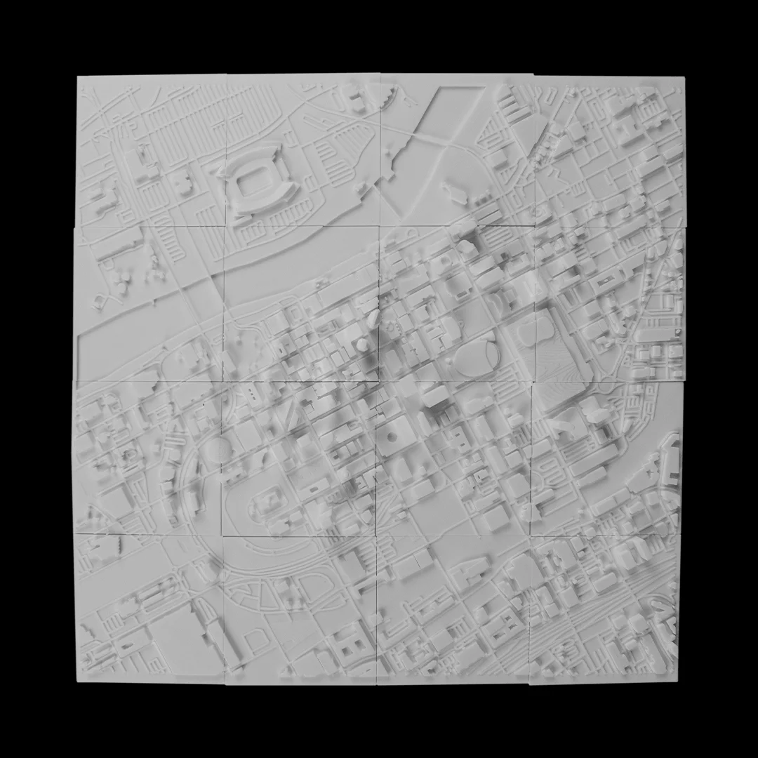 Full view of a Moscow city relief map assembled from square panels.