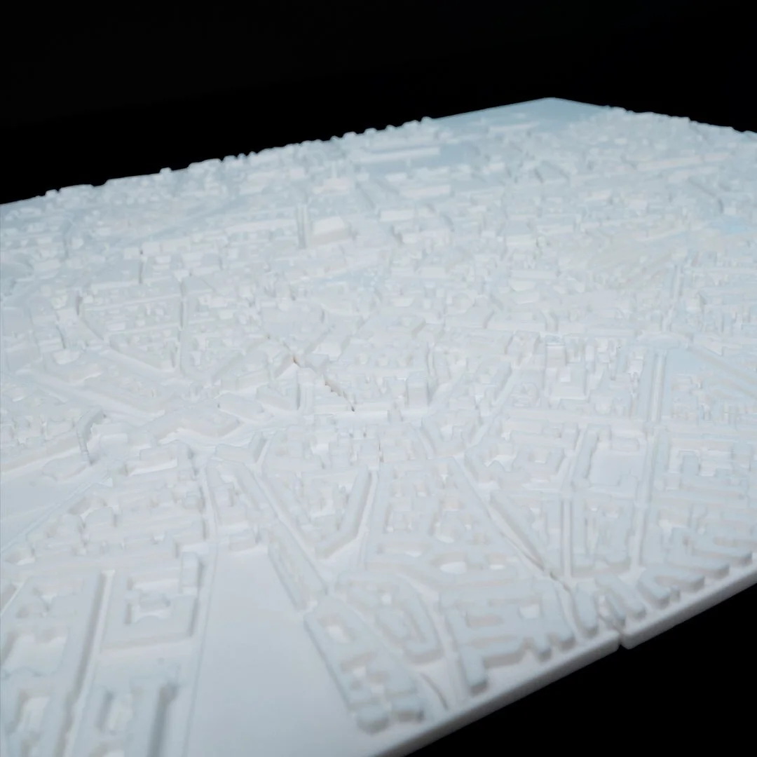 Full angled view of a Munich city relief map.
