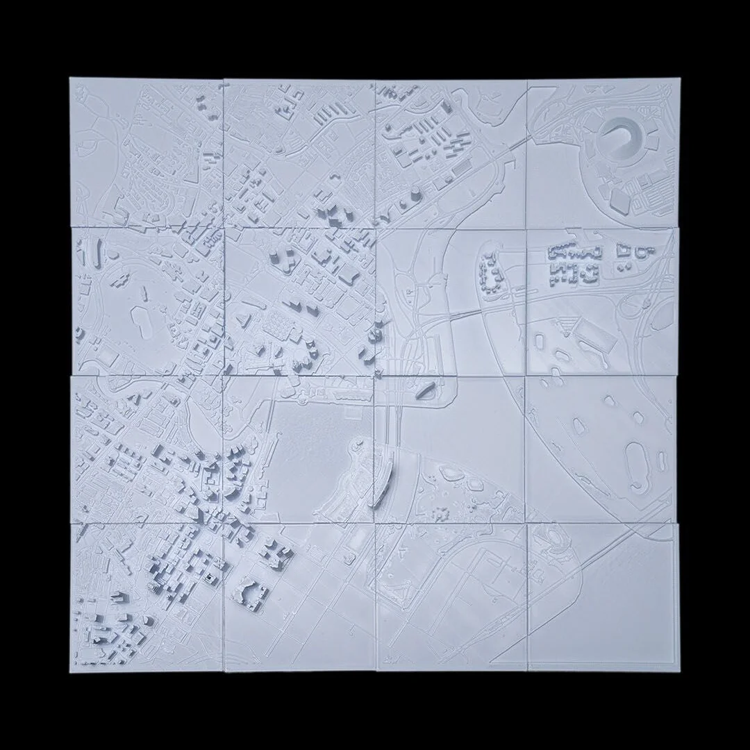 Full view of a Singapore city relief map assembled from square panels.