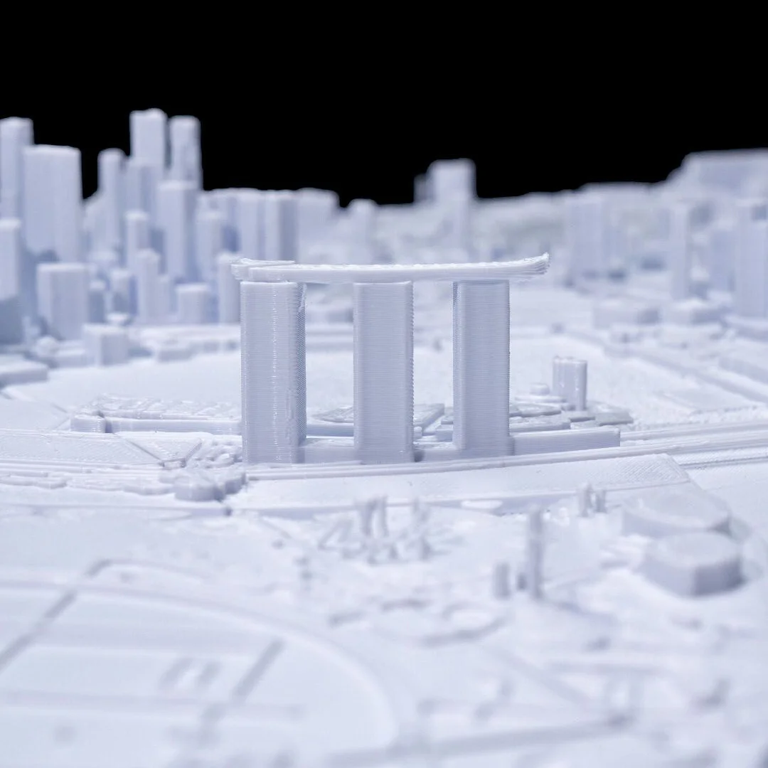 Close view of Marina Bay Sands in a Singapore city relief map.