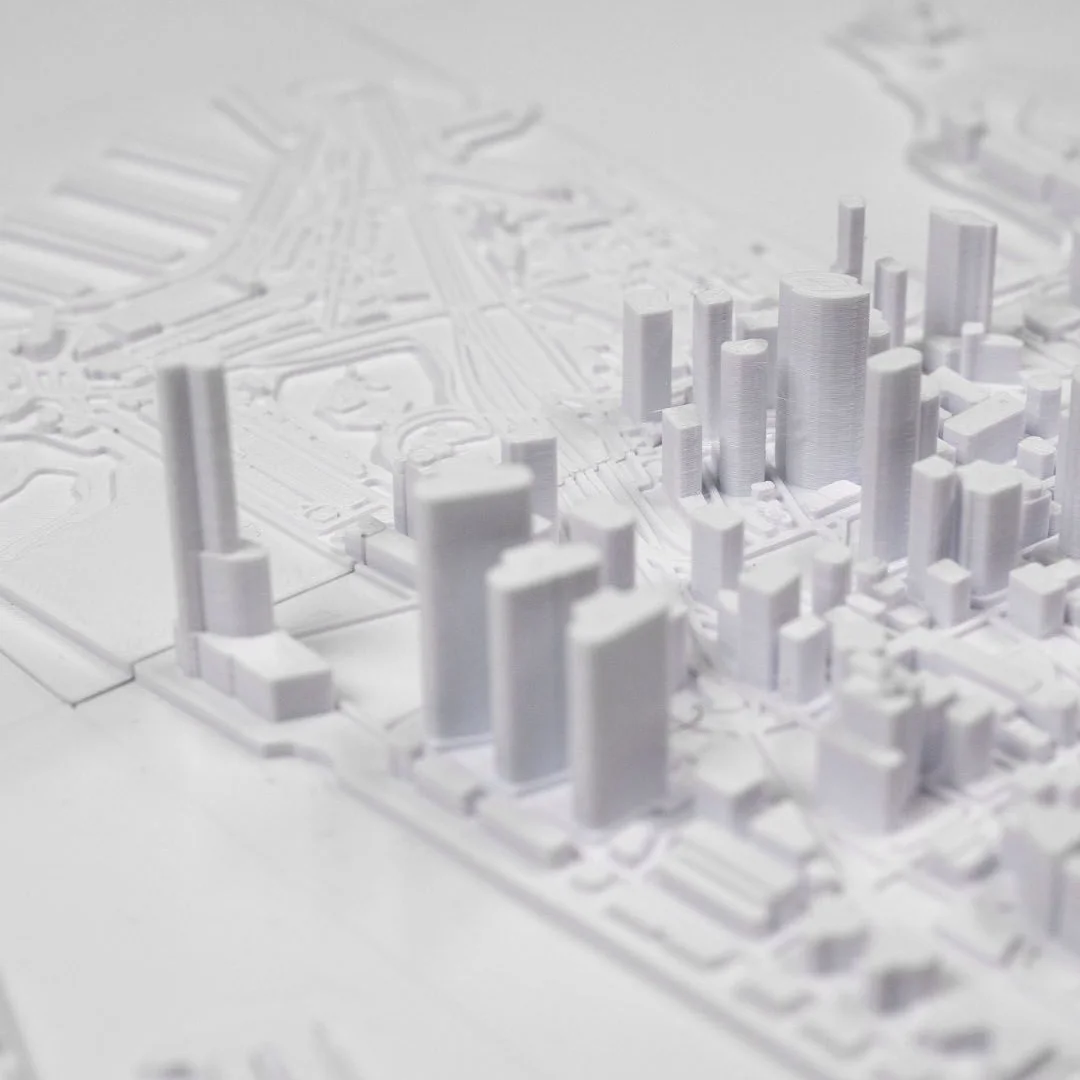 Low angled view of towers in a Sydney city relief map.