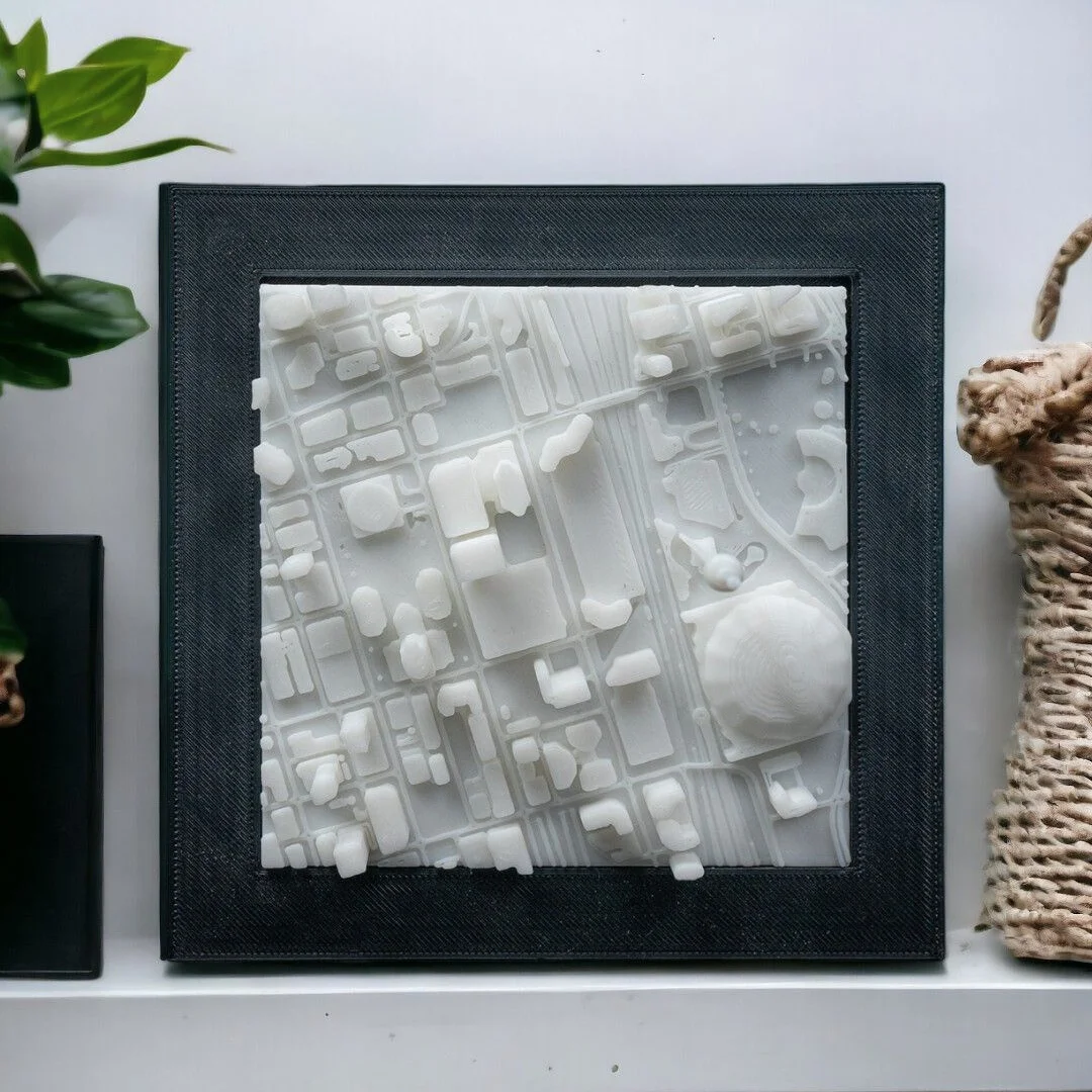 Framed Toronto city relief map displayed on a shelf.