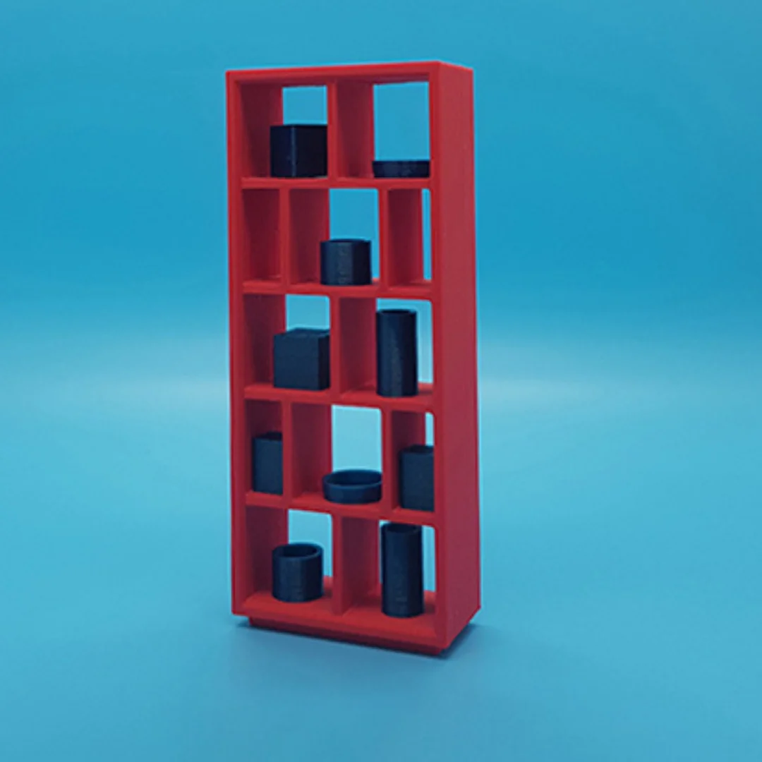 Miniature vases and boxes at 1:20 scale displayed on model shelving.