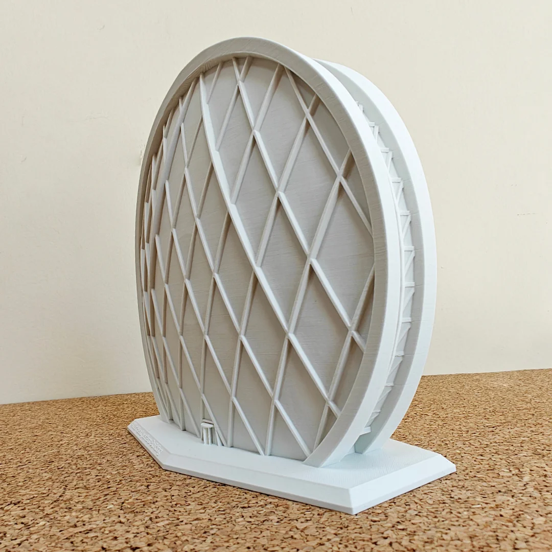 Opposite angled view of an Aldar Headquarters model on a rectangular base.