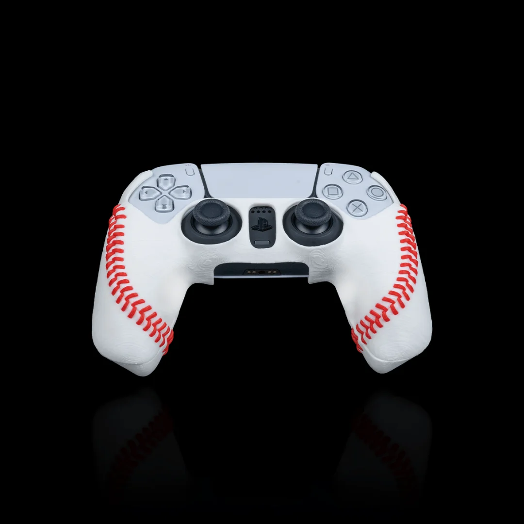 Front view of a baseball-style cover fitted to a PS5 controller.