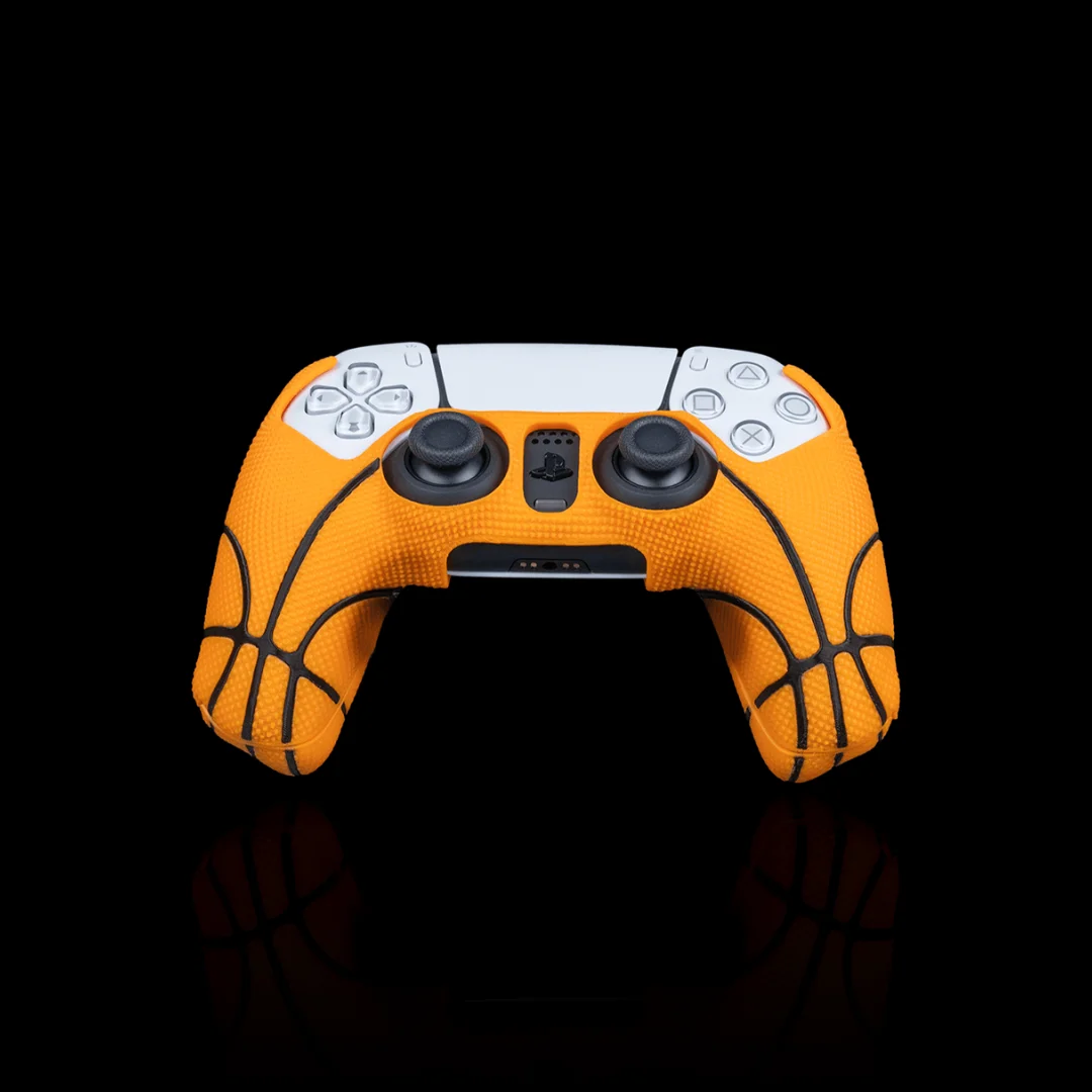 Front view of a PS5 controller fitted with a basketball-style cover.