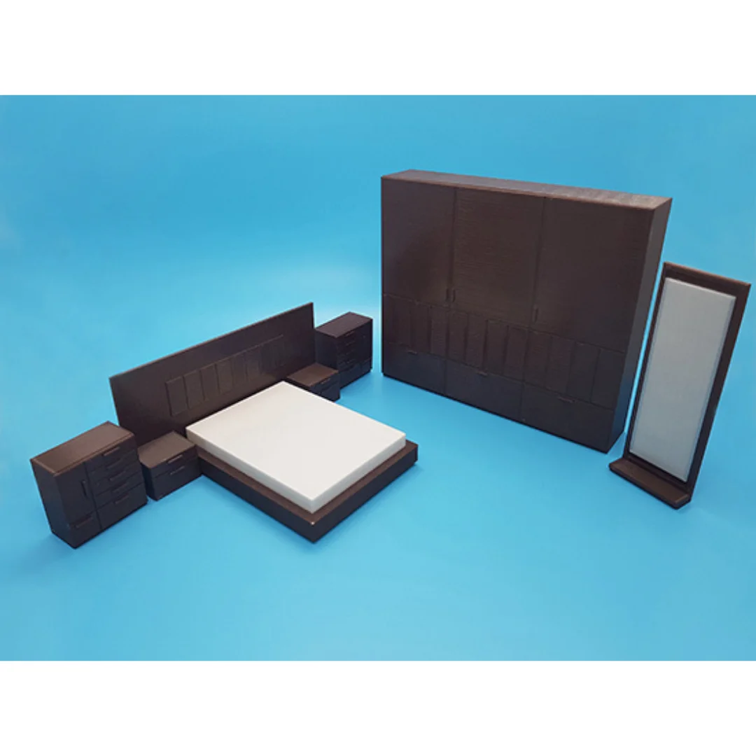 Modern miniature bedroom furniture set with bed, wardrobe and dressing mirror at 1:20 scale.