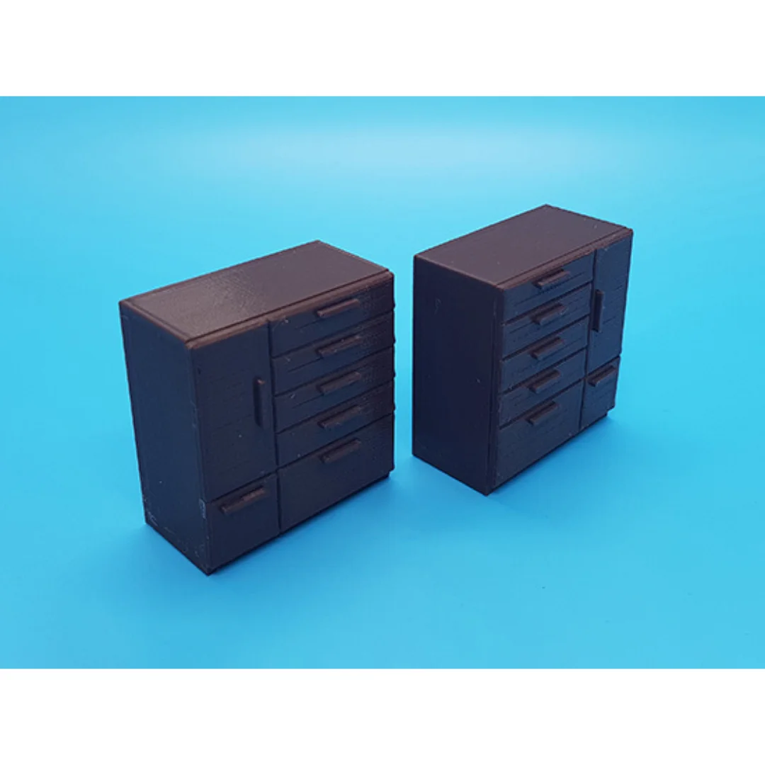 Modern miniature bedside cabinets at 1:20 scale.