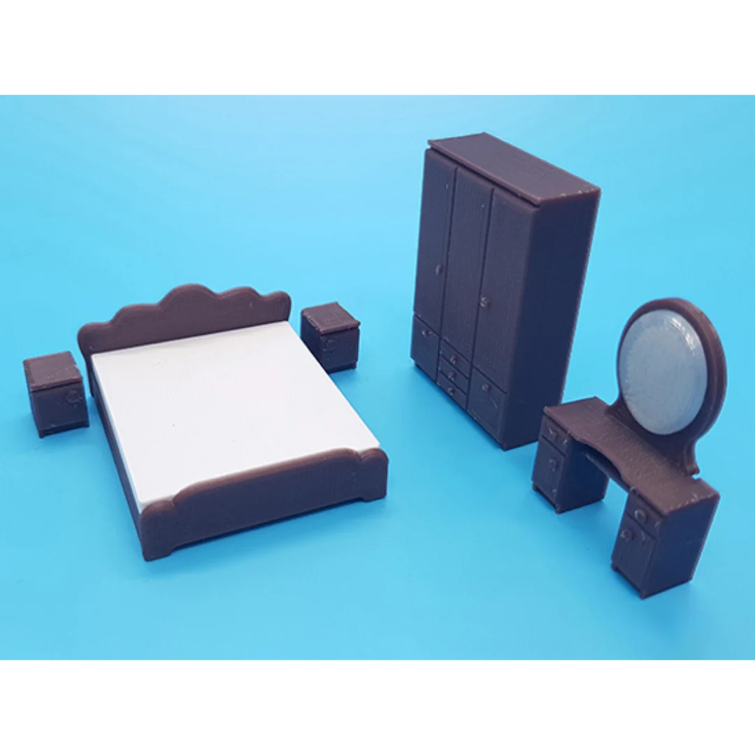Classic miniature bedroom furniture set with bed, wardrobe and dressing mirror at 1:50 scale.
