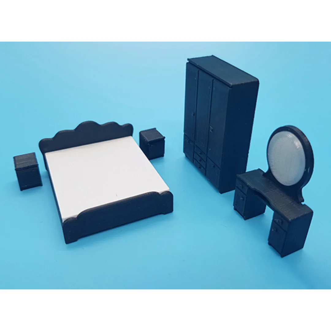 Classic miniature bedroom furniture set with bed, wardrobe and dressing mirror at 1:50 scale.