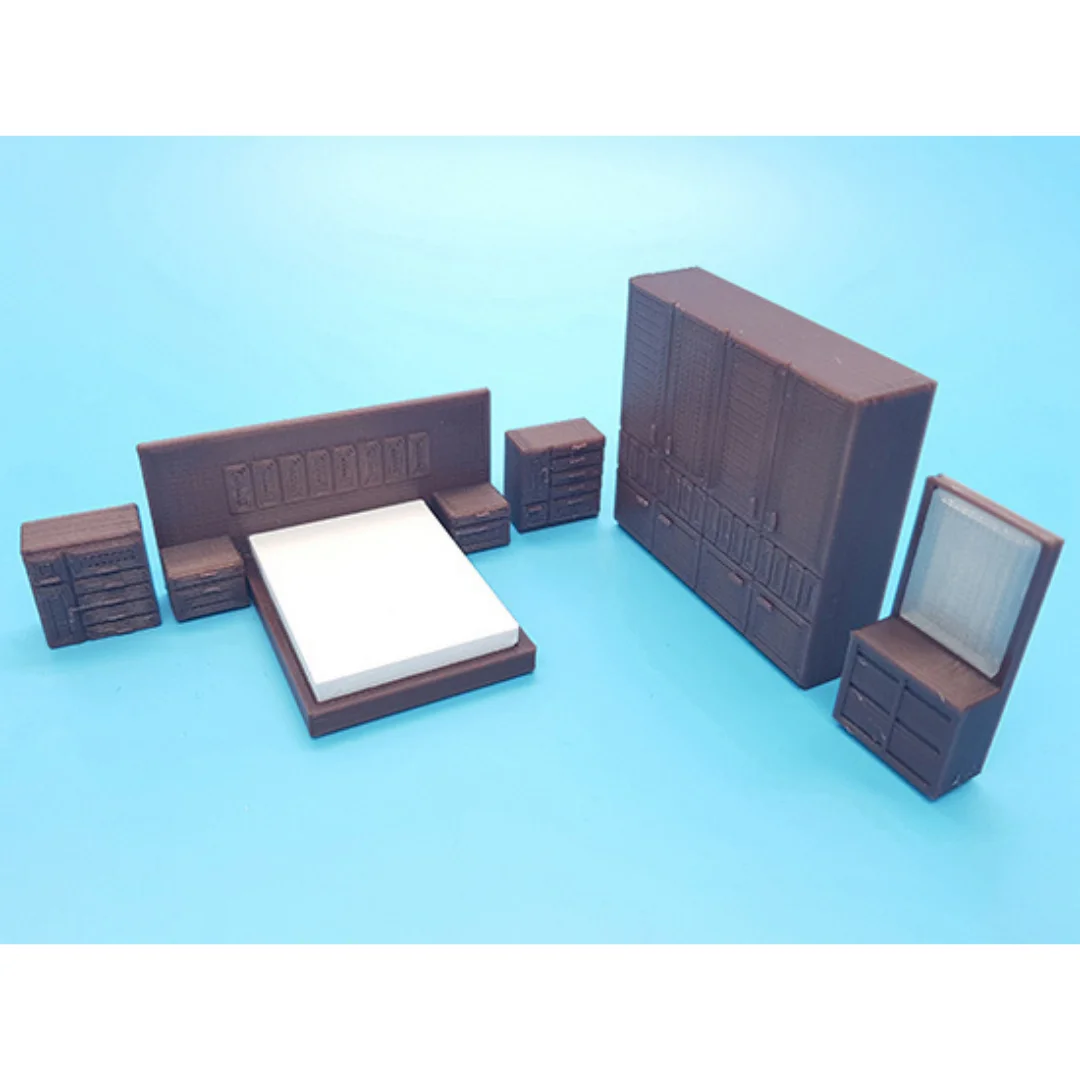 Modern miniature bedroom furniture set with bed, wardrobe and dressing mirror at 1:50 scale.