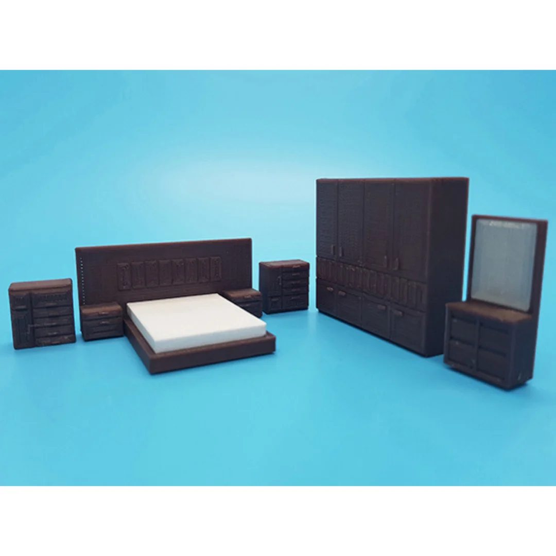 Modern miniature bedroom furniture set with bed, wardrobe and dressing mirror at 1:50 scale.