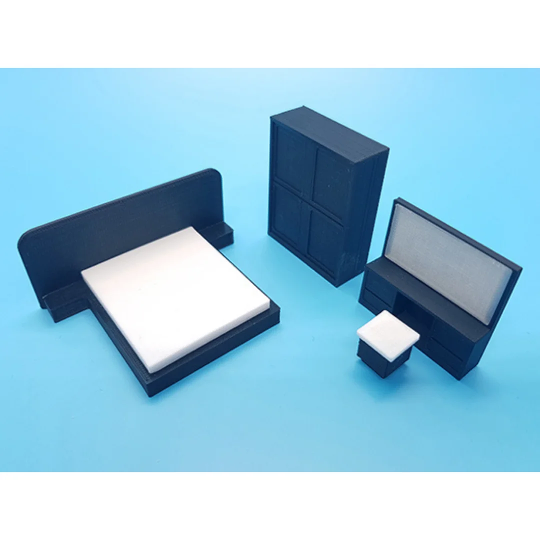 Aurora miniature bedroom furniture set with bed, wardrobe and dressing mirror at 1:50 scale.