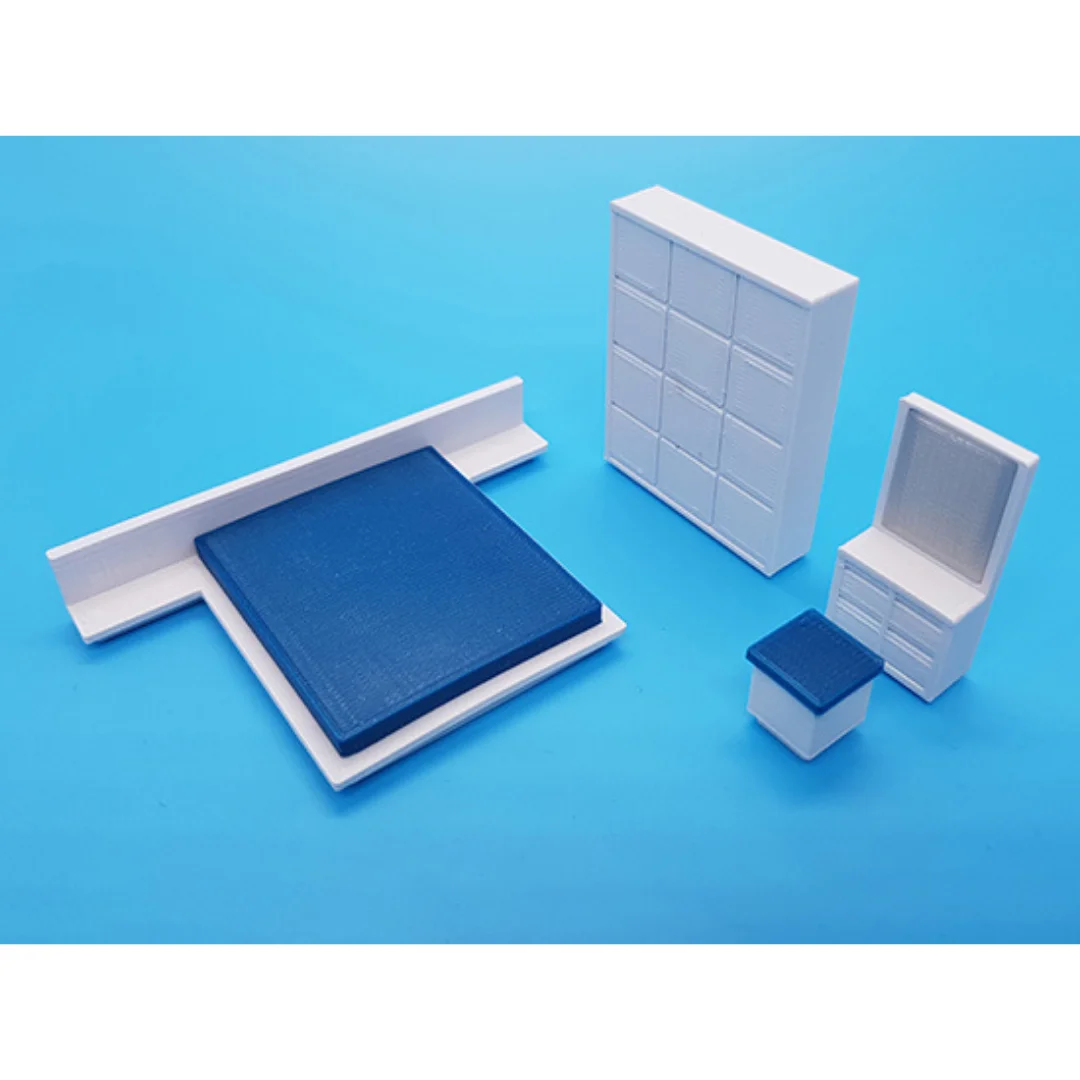 Chloe miniature bedroom furniture set with bed, wardrobe and dressing mirror at 1:50 scale.