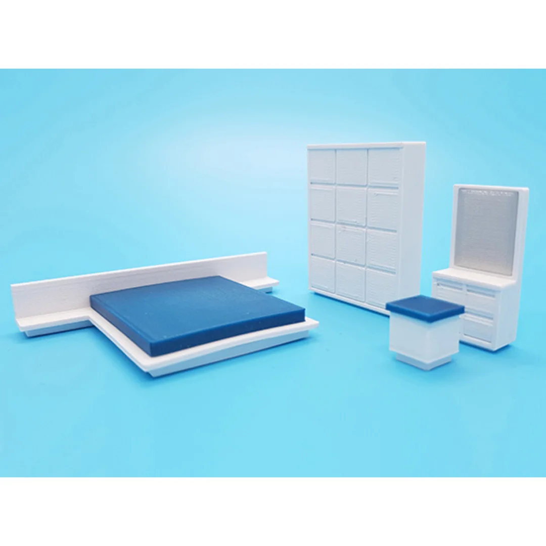 Chloe miniature bedroom furniture set with bed, wardrobe and dressing mirror at 1:50 scale.