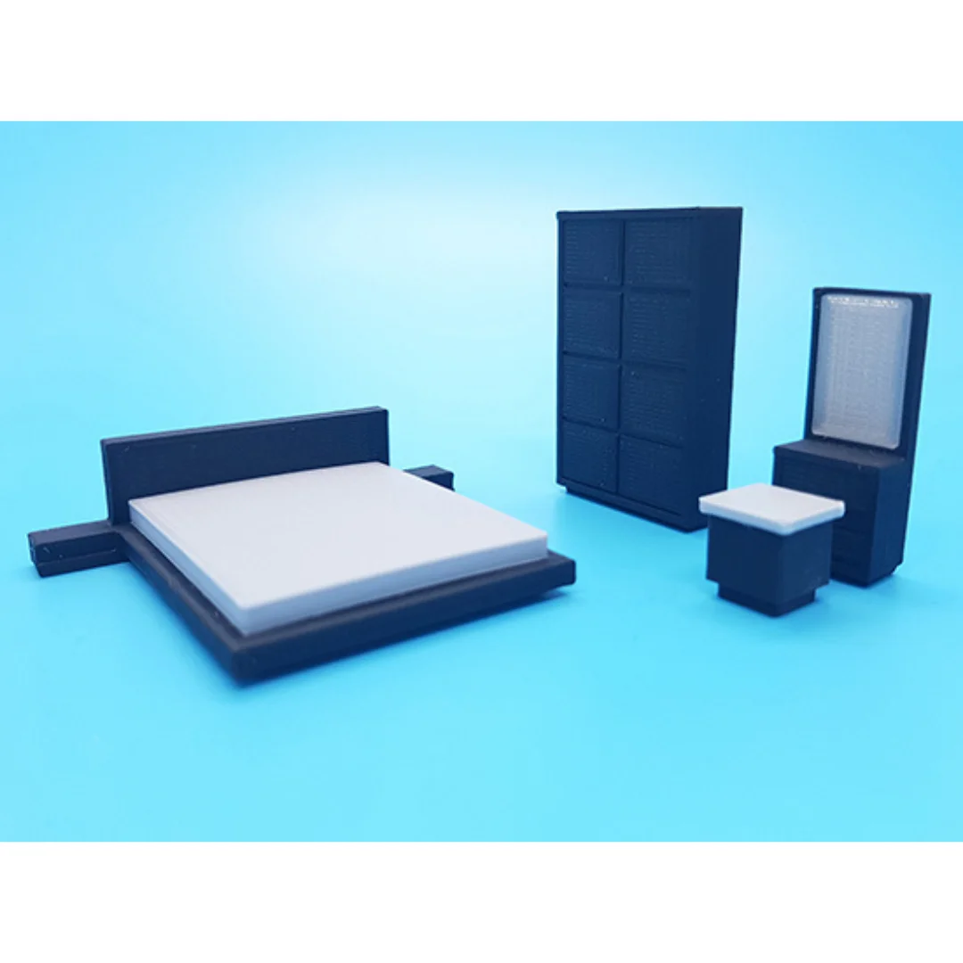 Hazel miniature bedroom set at 1:50 scale, showing the bed, wardrobe and dressing mirror.
