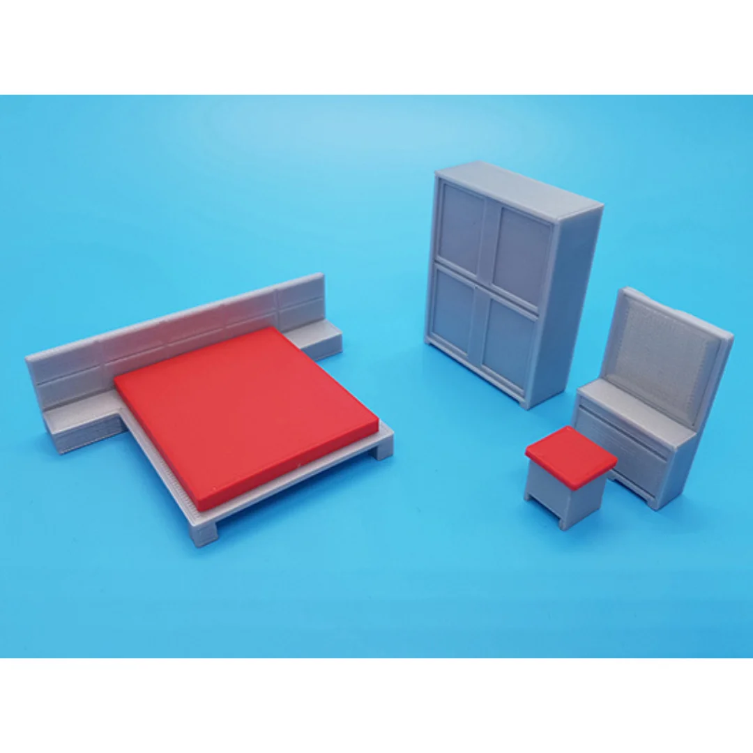 Mila miniature bedroom set at 1:50 scale, showing the bed, wardrobe and dressing mirror.