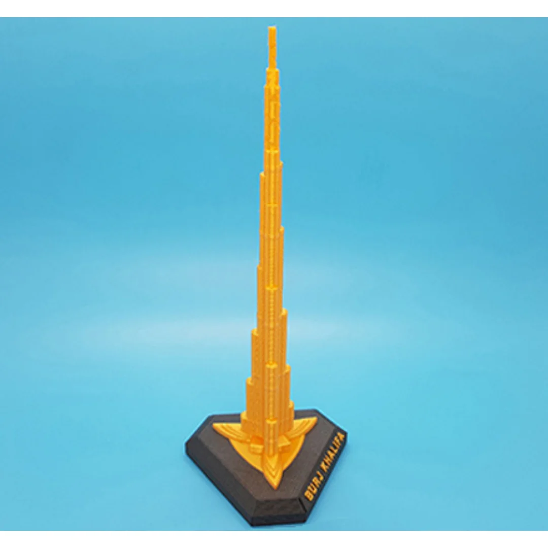 Angled view of a Burj Khalifa model and its display base.