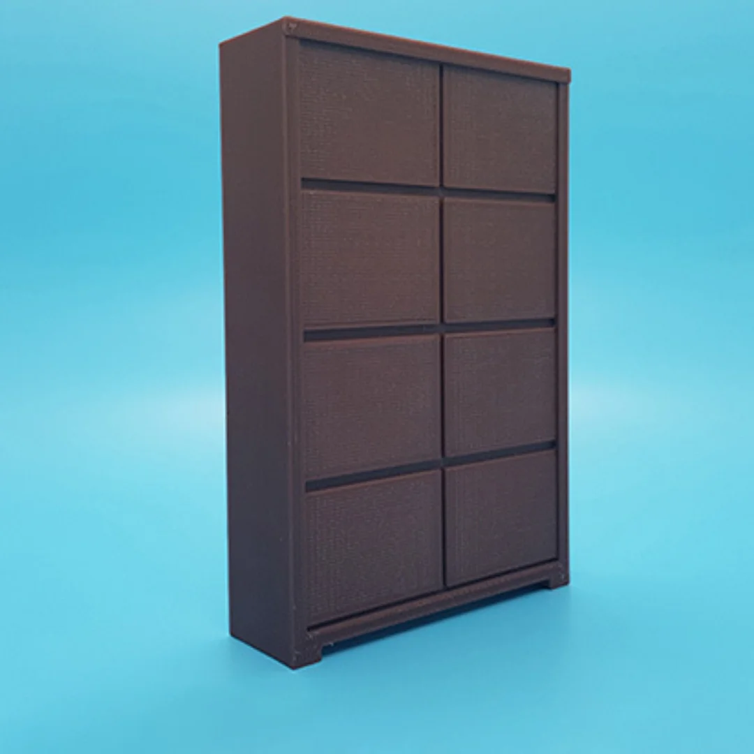 Angled view of the Elegant-3 miniature cabinet at 1:20 scale, showing its panelled front and frame.