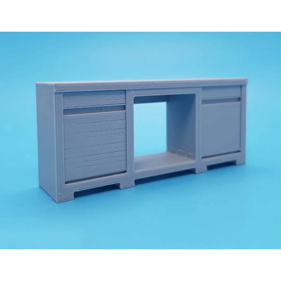 Angled view of the Elegant-5 miniature cabinet at 1:20 scale, showing the central open compartment and side panels.