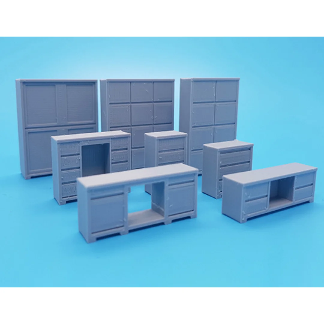 Elegant Cabinets miniature models displayed together at 1:50 scale.