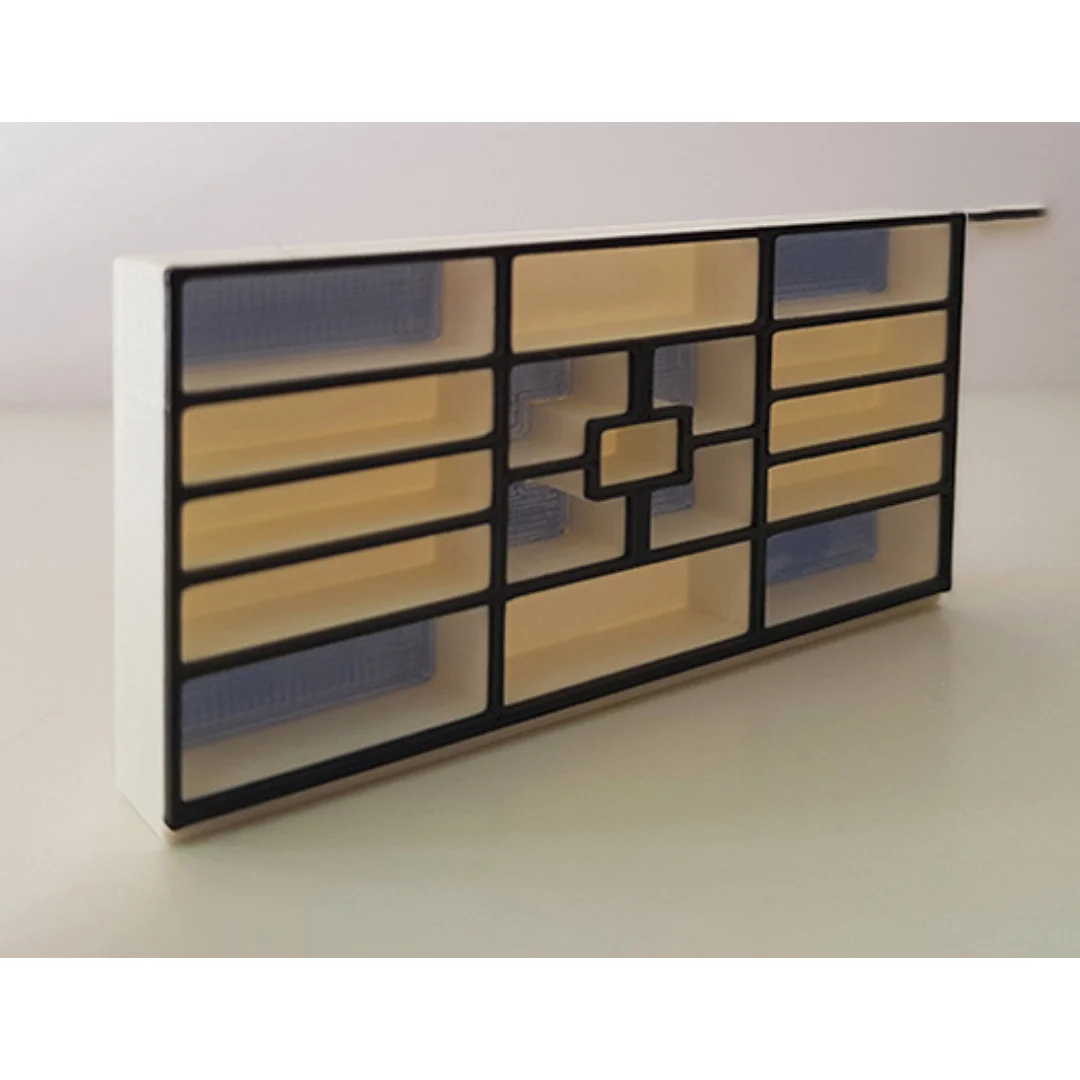 3-Bay Shelves miniature model showing its shelving and cabinet design at 1:50 scale.