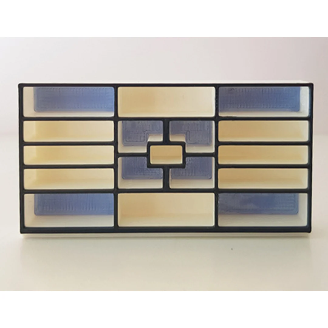 3-Bay Shelves miniature model showing its shelving and cabinet design at 1:50 scale.