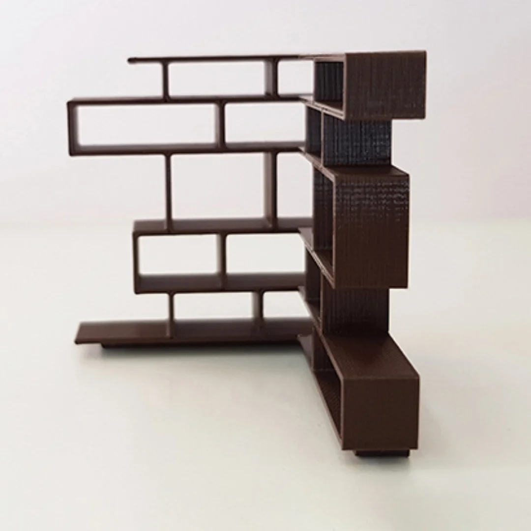 Corner Bookshelf miniature model showing its shelving and cabinet design at 1:50 scale.