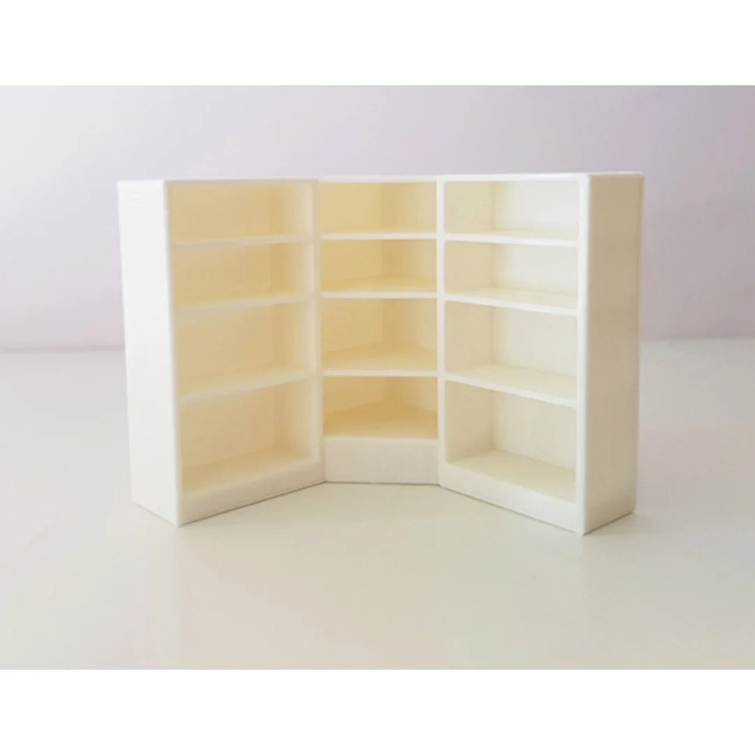 Small Corner Bookshelf miniature model showing its shelving and cabinet design at 1:50 scale.