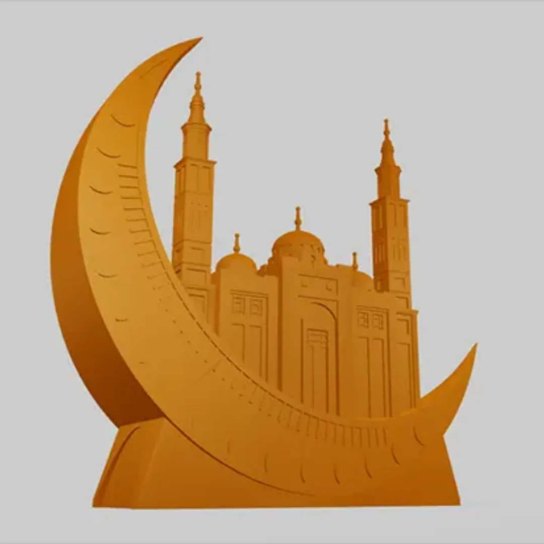 Ramadan crescent decoration with a mosque silhouette, minarets and a flat display base.