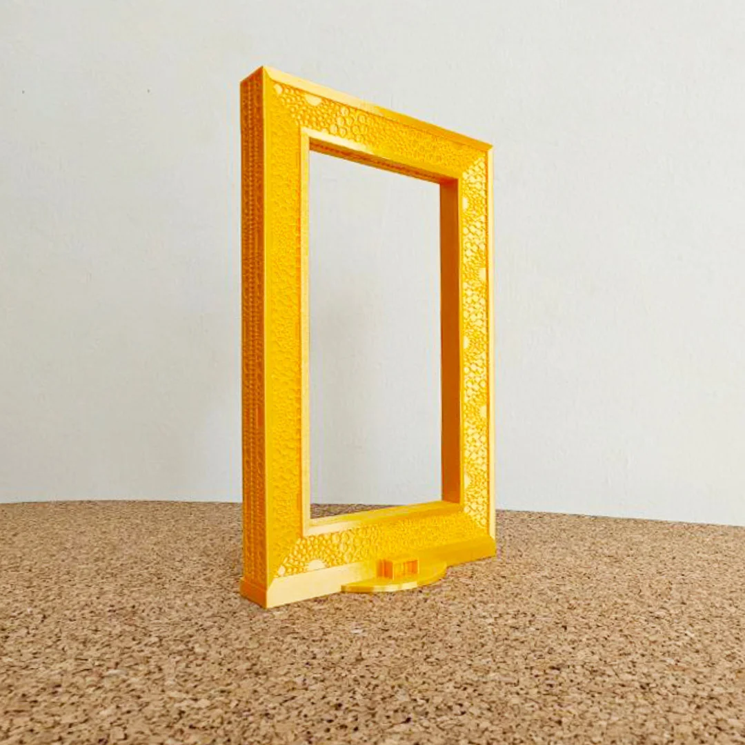 Opposite angled view of a Dubai Frame model with detailed surface patterns.