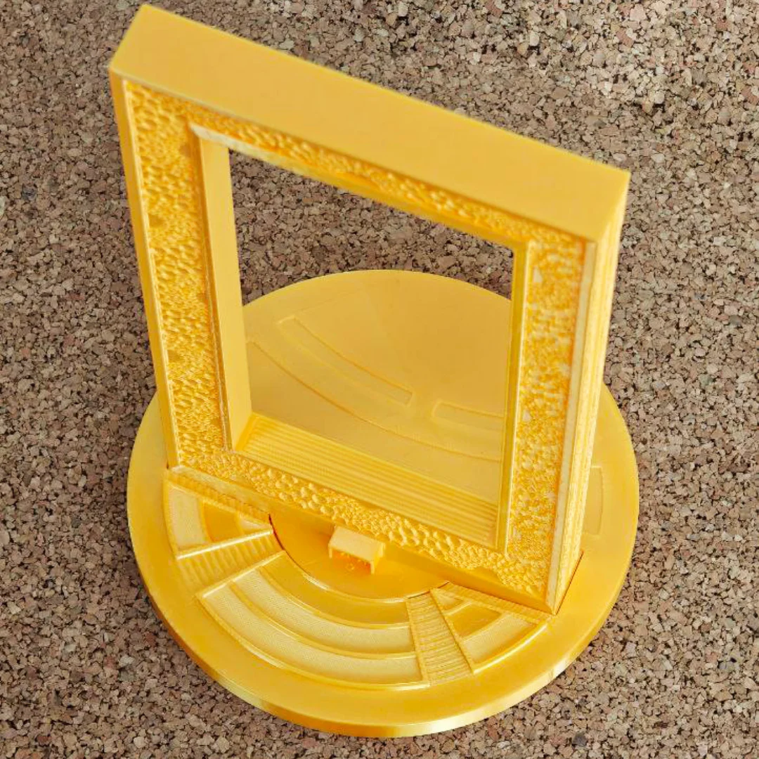Elevated view of a Dubai Frame model showing its circular base and radial steps.