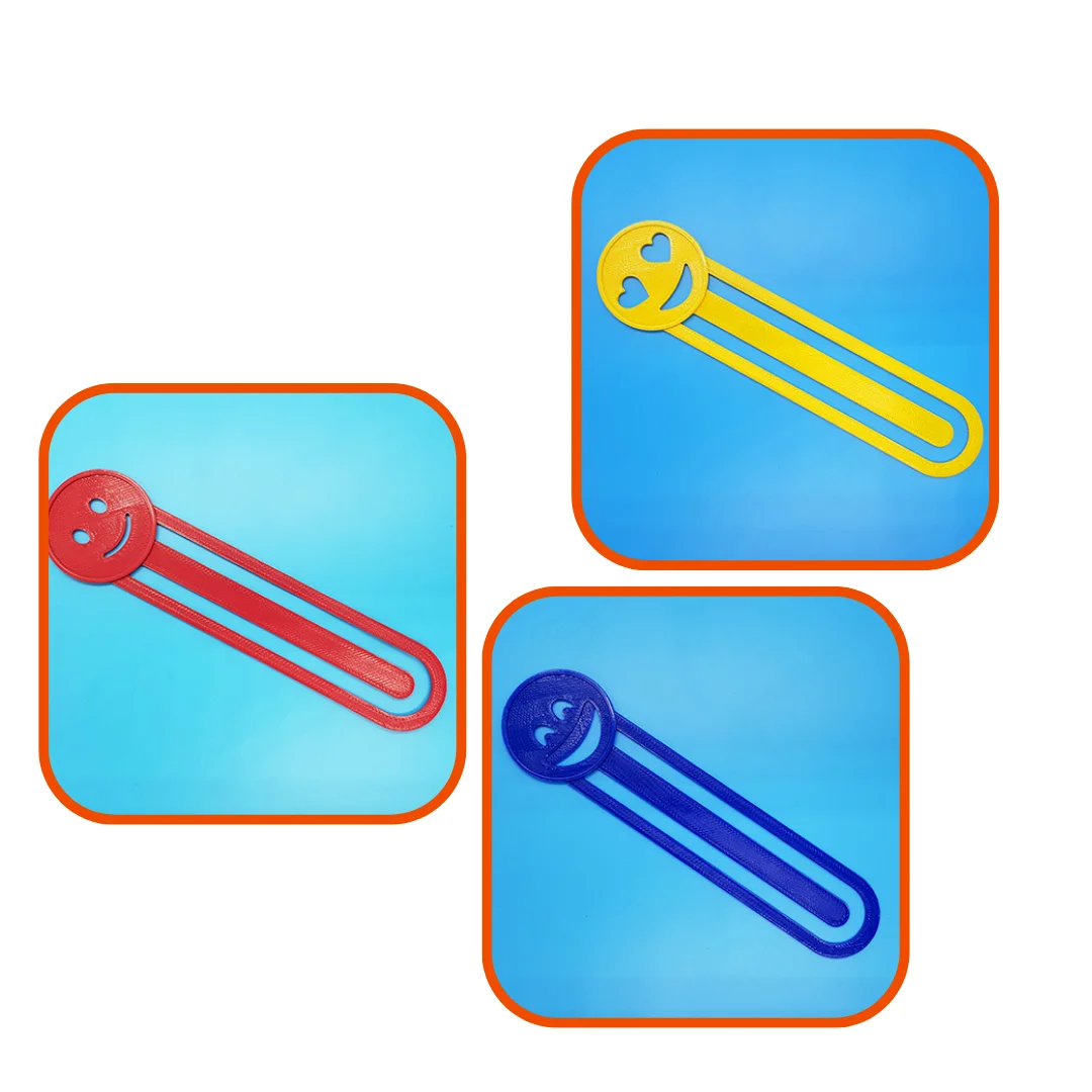 Three-panel view of individual emoji bookmarks with different facial expressions.
