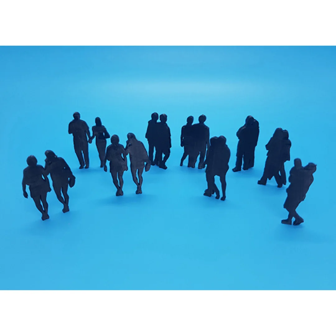 Weekend-1 miniature human silhouette figures standing together for architectural models at 1:50 scale.