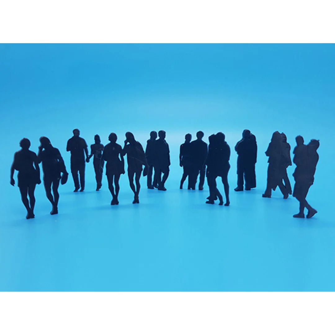 Weekend-1 miniature human silhouette figures standing together for architectural models at 1:50 scale.
