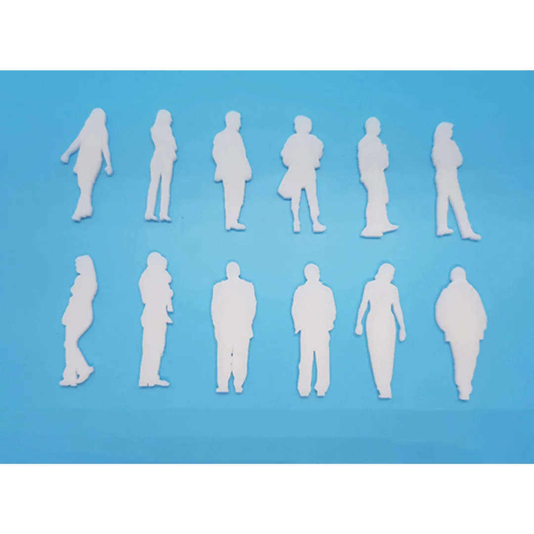 Weekend-2 miniature human silhouette figures laid flat for architectural models at 1:50 scale.